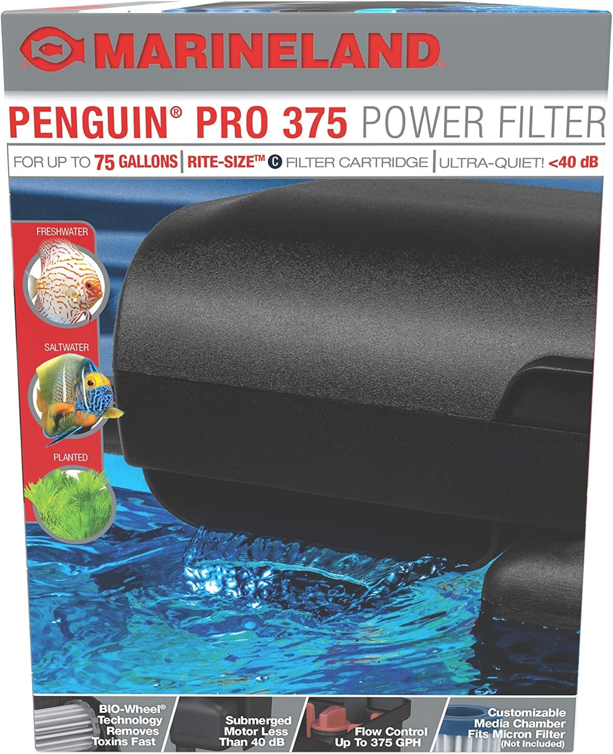 Marineland Bio-Wheel Penguin 375 GPH Power Aquarium Filter front view premium fish tank filtration unit