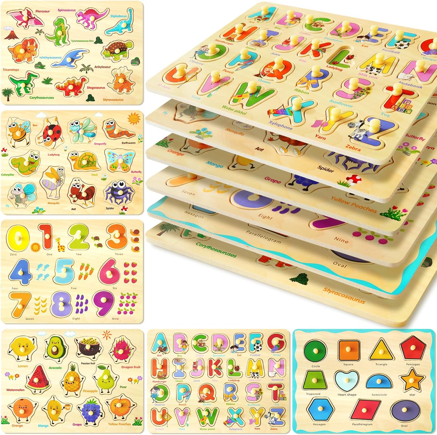 MerryPony wooden peg puzzle for toddlers front view showing six educational boards
