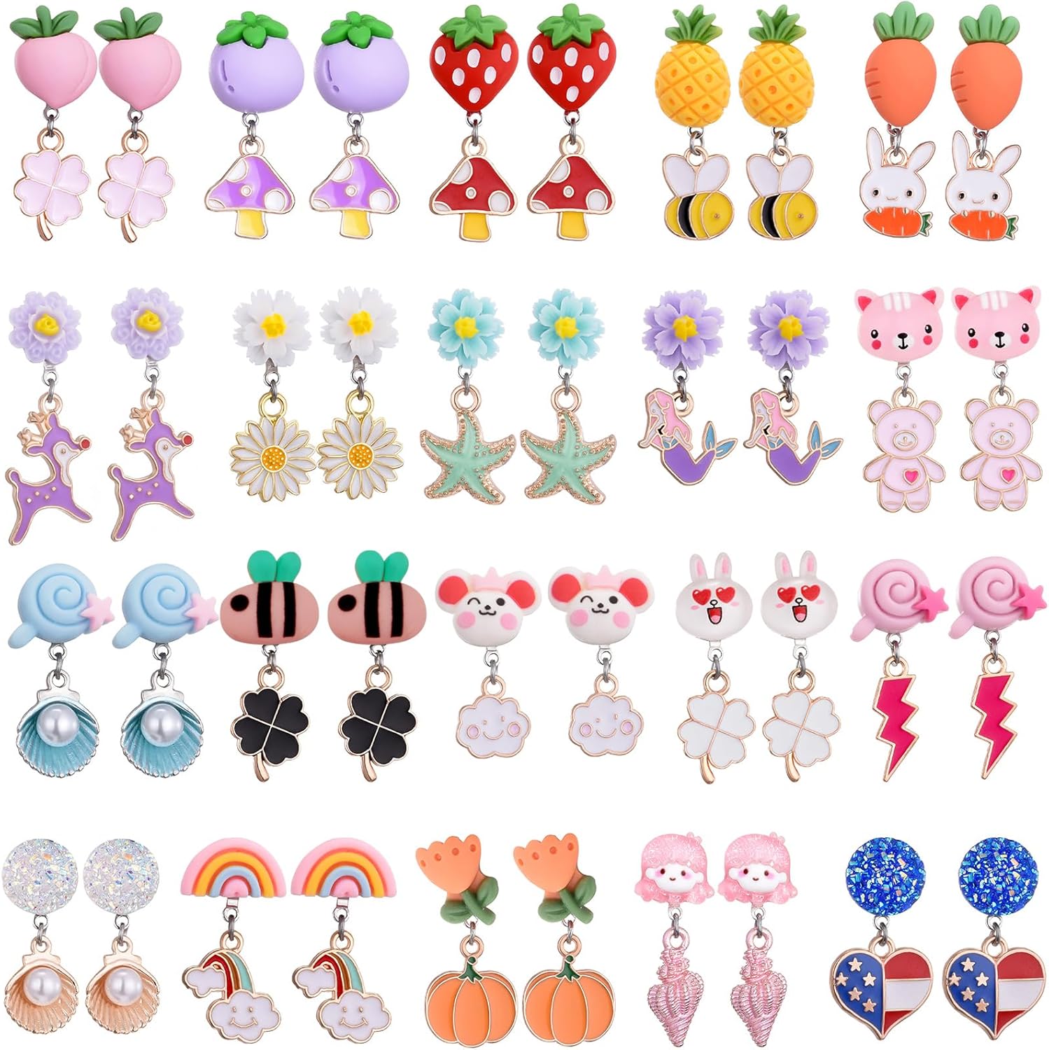 Synlin 20 pairs clip on earrings set front view of assorted designs