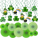 TURNMEON 42 Pack St. Patrick's Day Party Decorations front view showcasing green paper fans and hanging swirls