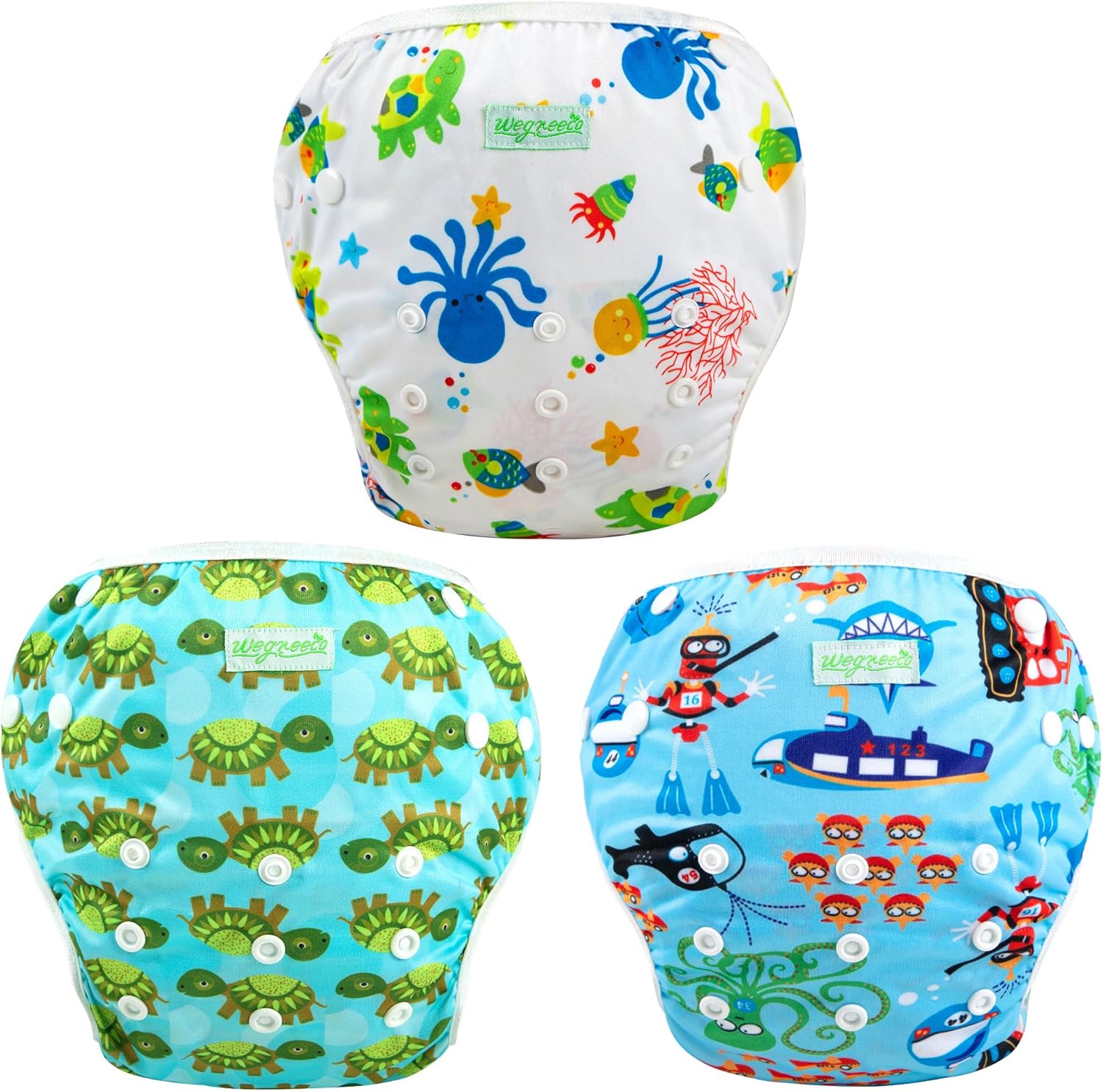 Wegreeco reusable swim diaper 3 pack front view featuring blue diving and ocean patterns