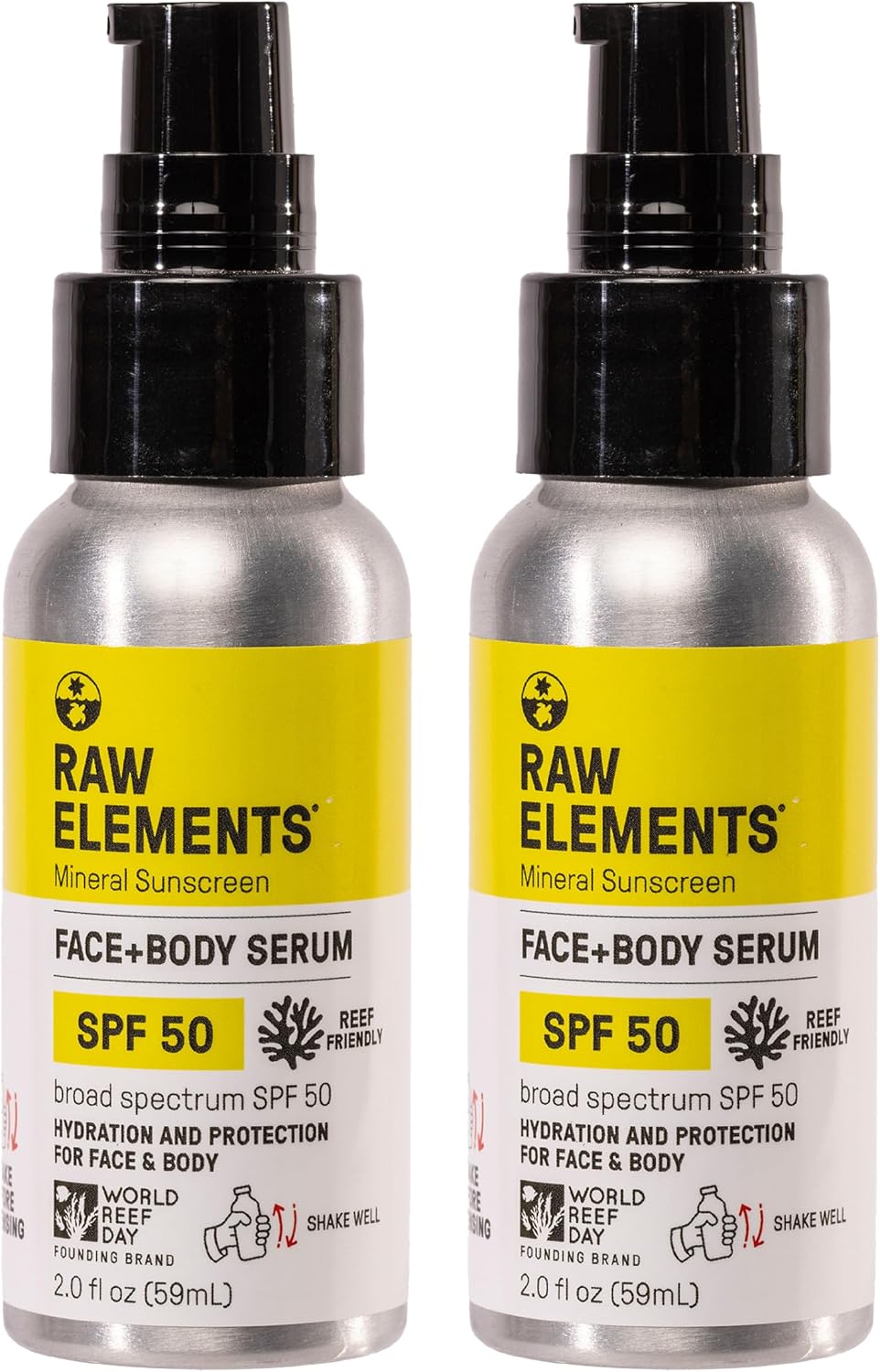 Raw Elements Face and Body Serum SPF 50 front view packaging mineral sunscreen