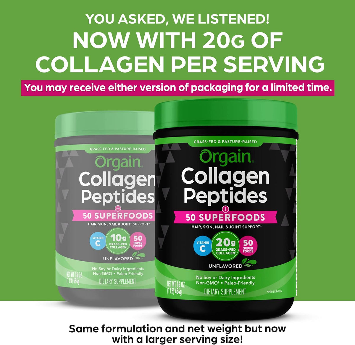 Scoop of unflavored Orgain collagen powder showing fine texture