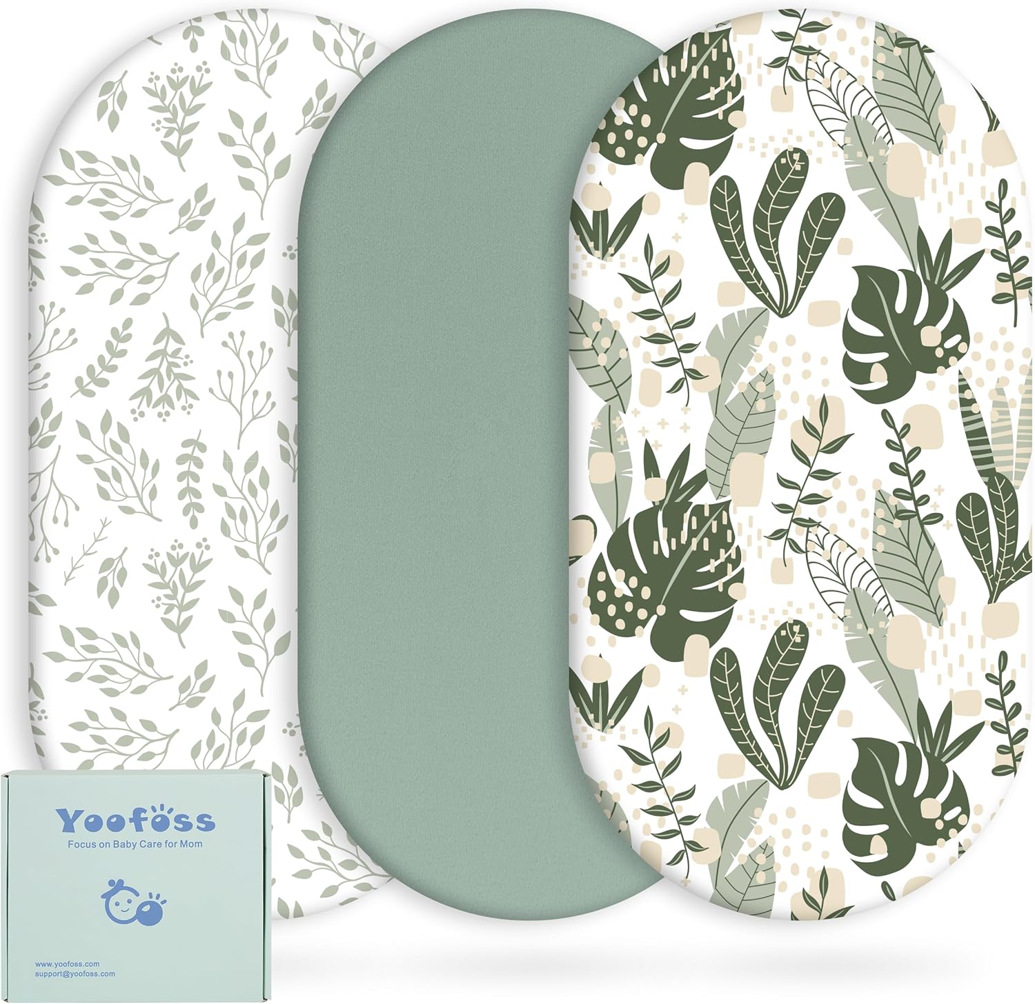 Yoofoss 3-Pack Fitted Bassinet Sheets Green and Leaf pattern