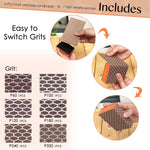 S&X sanding block showing assorted grit sandpaper sheets