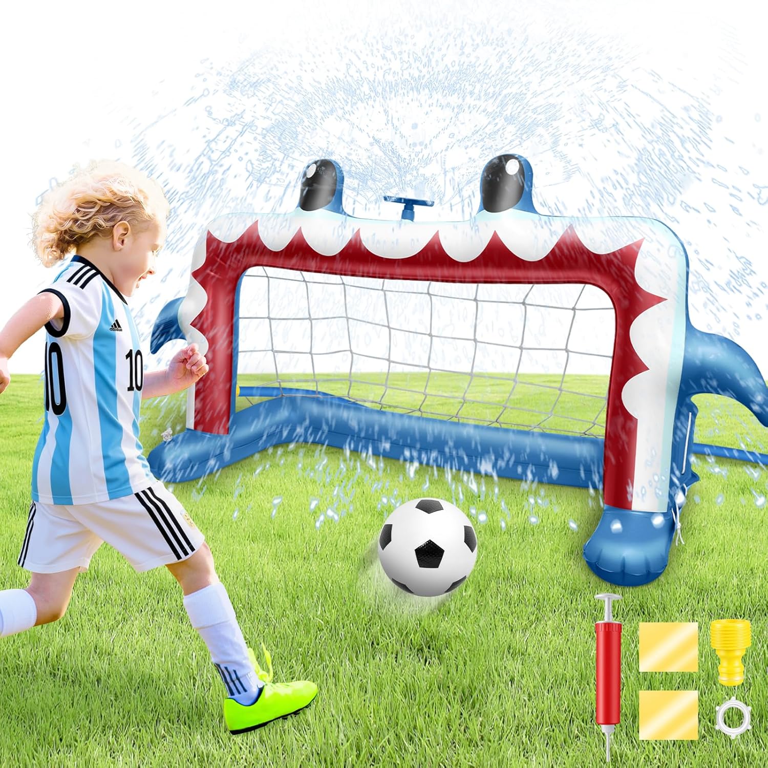 Intoypad inflatable shark soccer goal sprinkler toy front view in a grassy backyard.