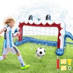 Intoypad inflatable shark soccer goal sprinkler toy front view in a grassy backyard.