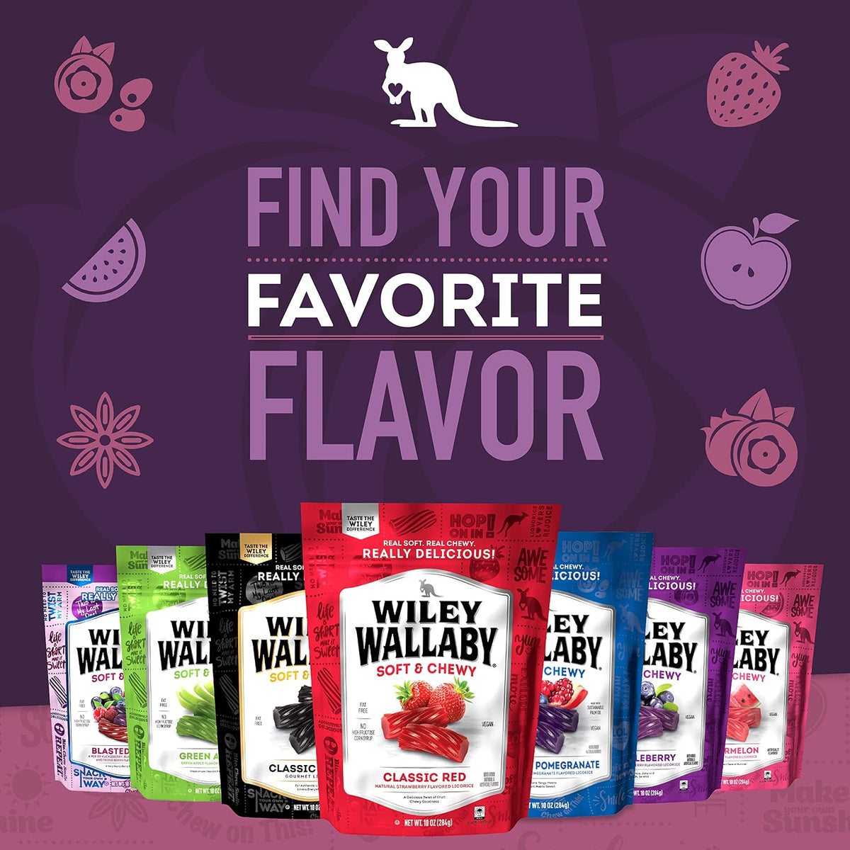 Soft and chewy mixed berry flavored candy twists spilling out of the pouch.