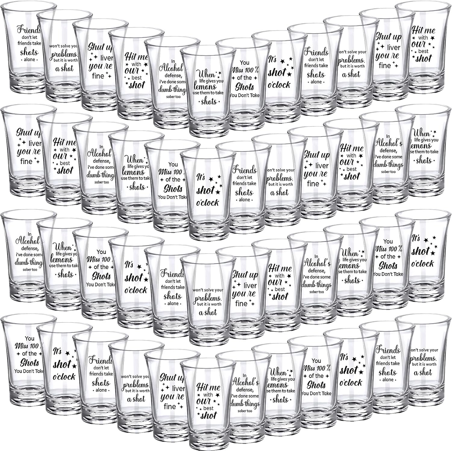 Kigeli 48 piece funny acrylic shot glasses front view for party supplies