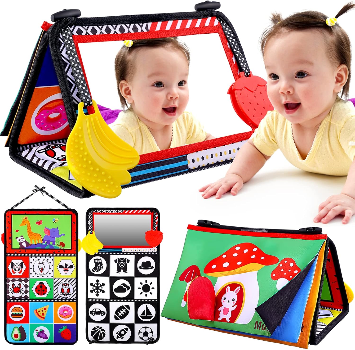 Keysense Lifestyle Baby Mirror Tummy Time Toy front view showing high contrast black and white graphics.