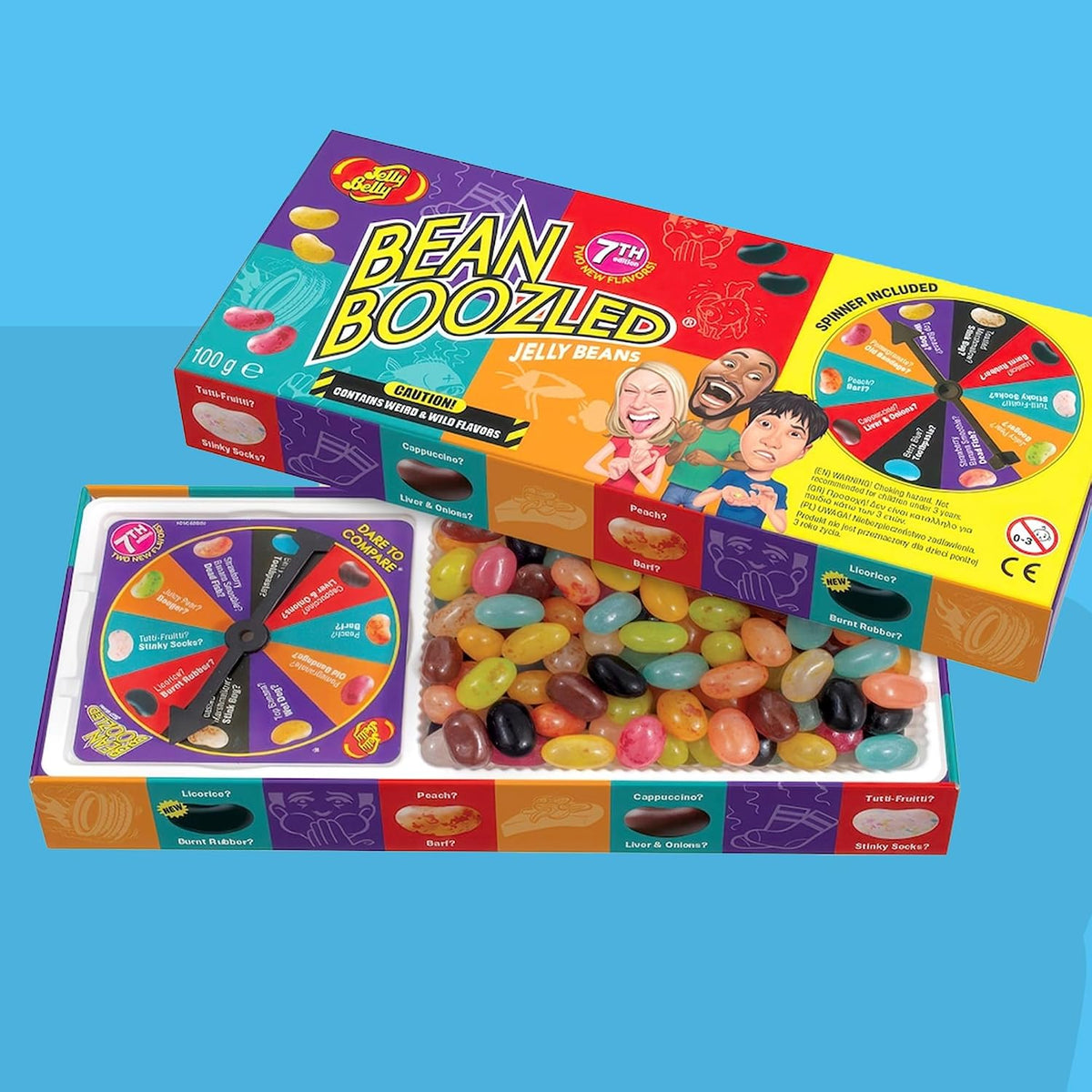 USA imported Bean Boozled game packaging showcasing the multi colored novelty chewy candies.