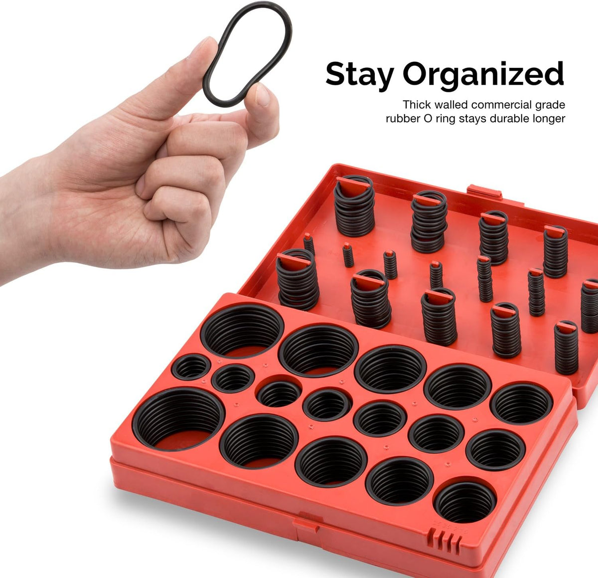 Inside view of the 419-piece kit storage box with size chart