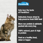 PureBites premium imported ocean-caught tuna feline treats bag next to healthy adult cat food bowl.