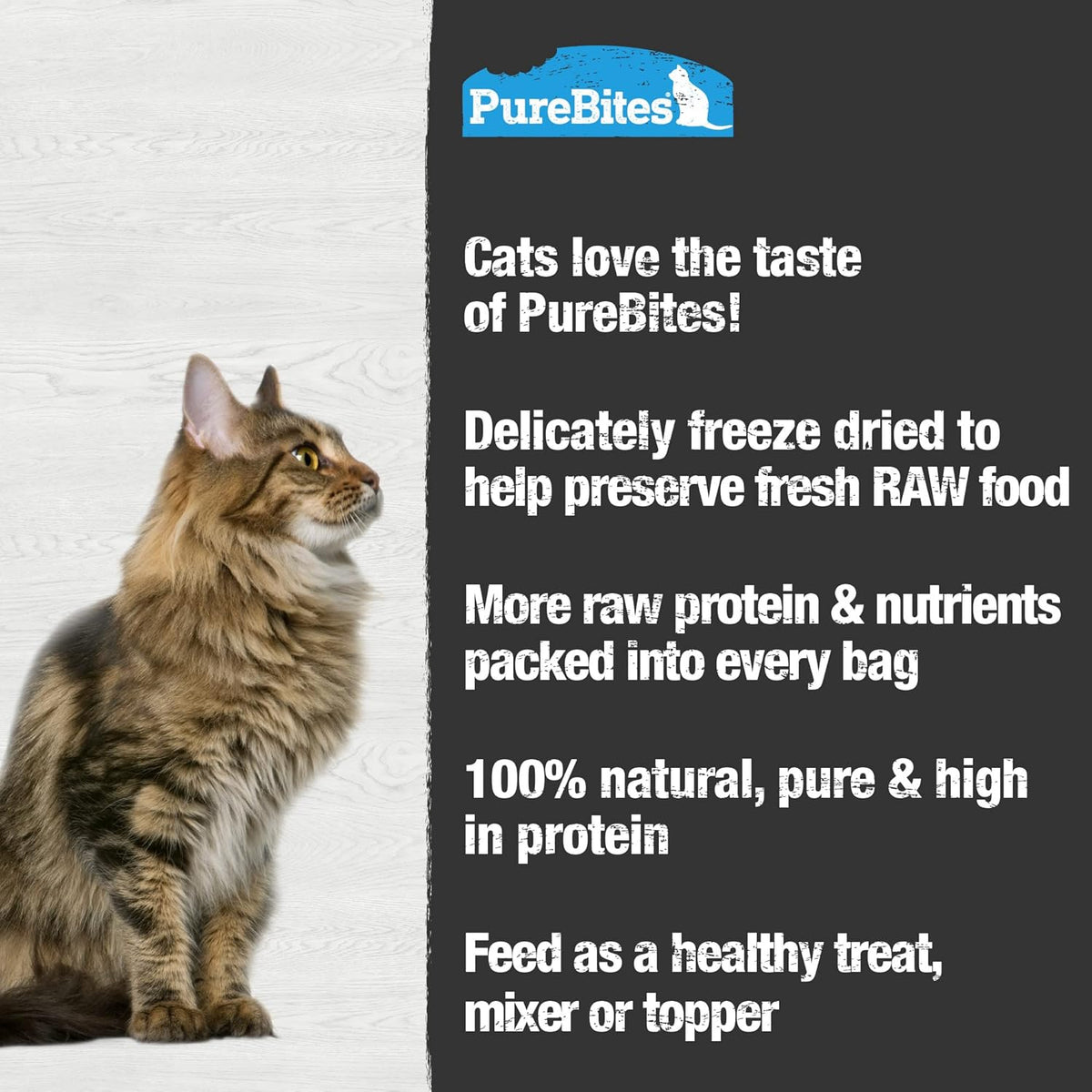 PureBites premium imported ocean-caught tuna feline treats bag next to healthy adult cat food bowl.