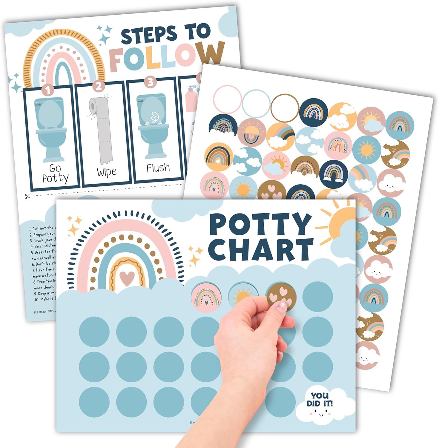 Hadley Designs potty training chart for toddler girls front view featuring boho rainbow theme.