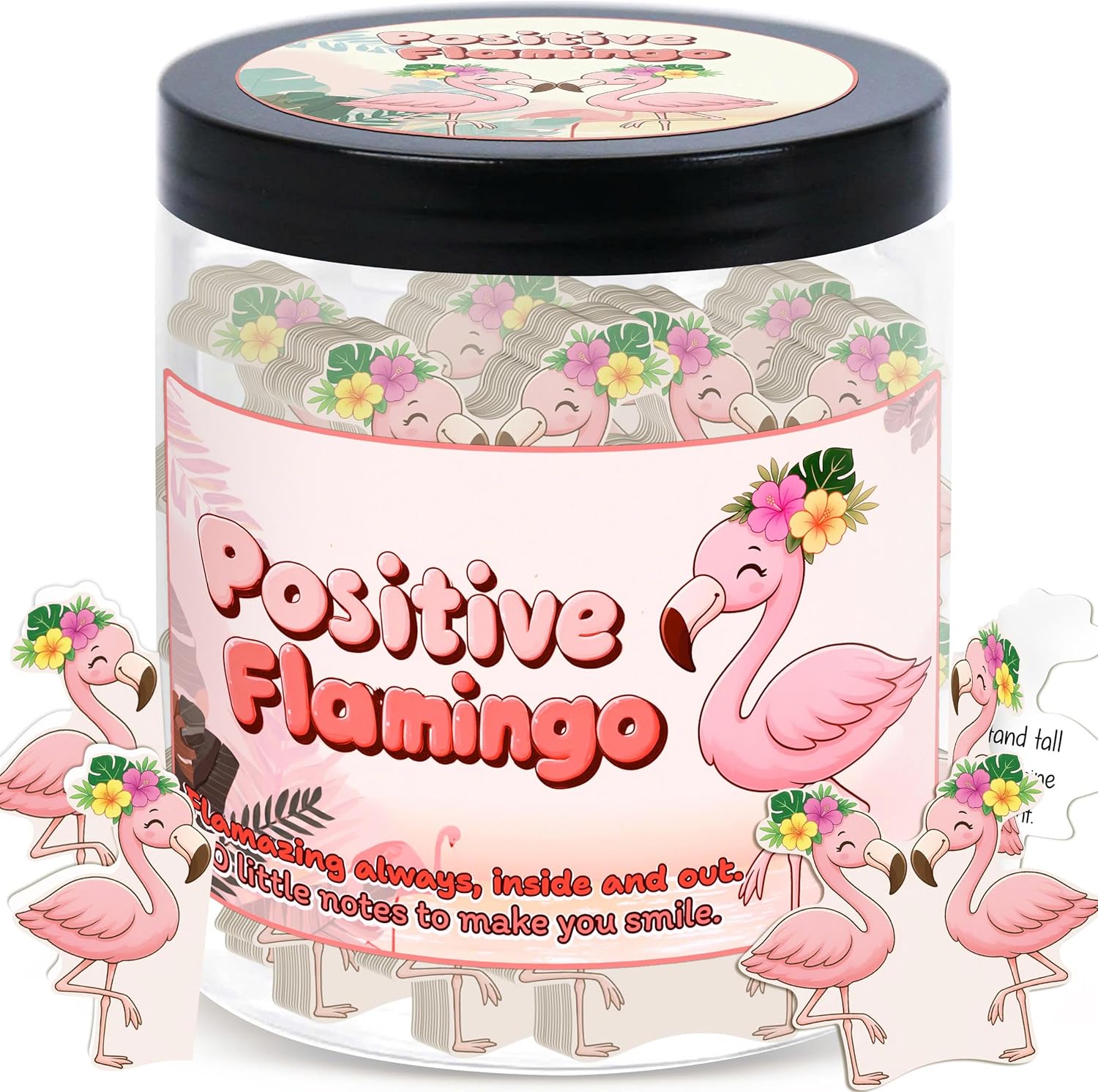 Dearmine Positive Flamingo Jar with affirmation cards front view