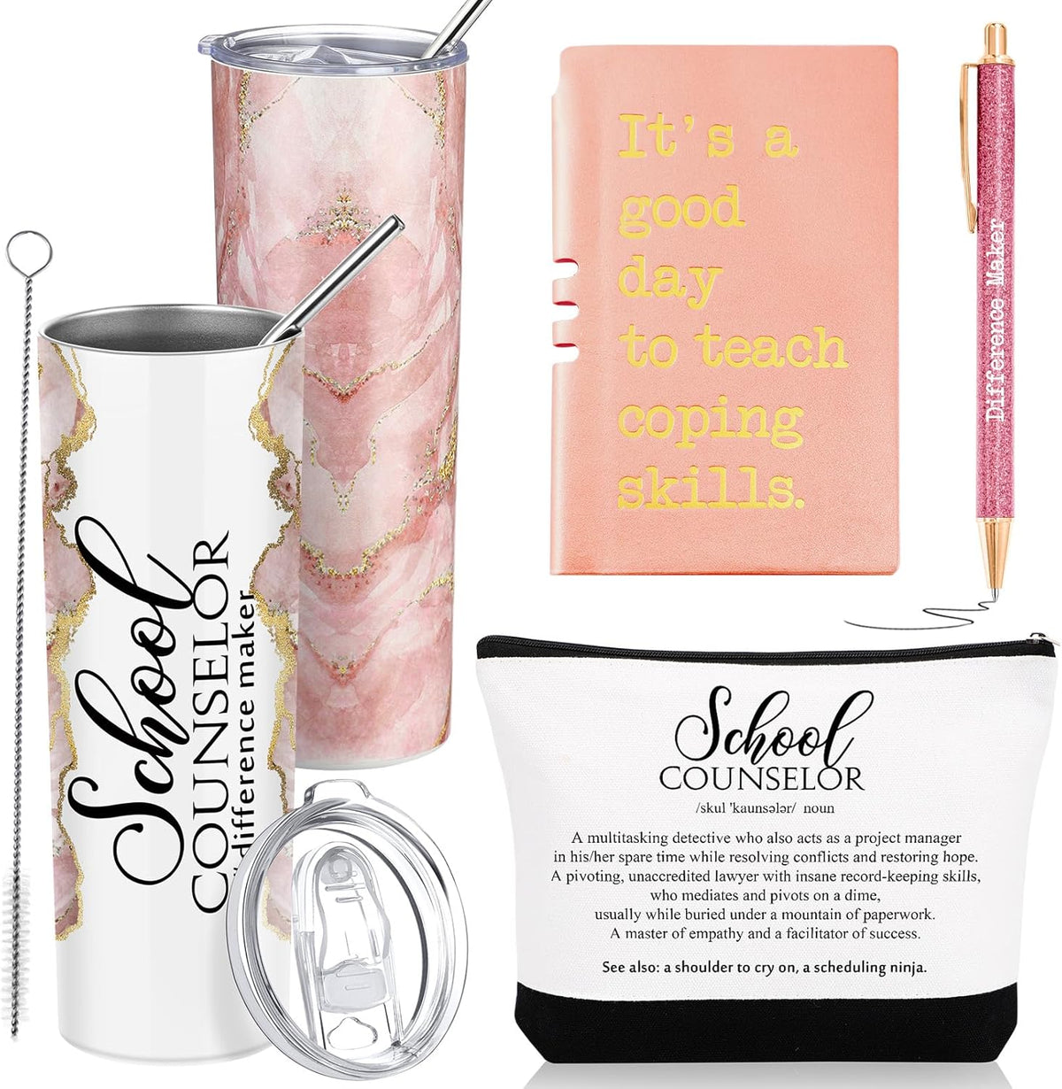 Sunnychicc school counselor appreciation gift set rose gold front view showing tumbler journal and bag