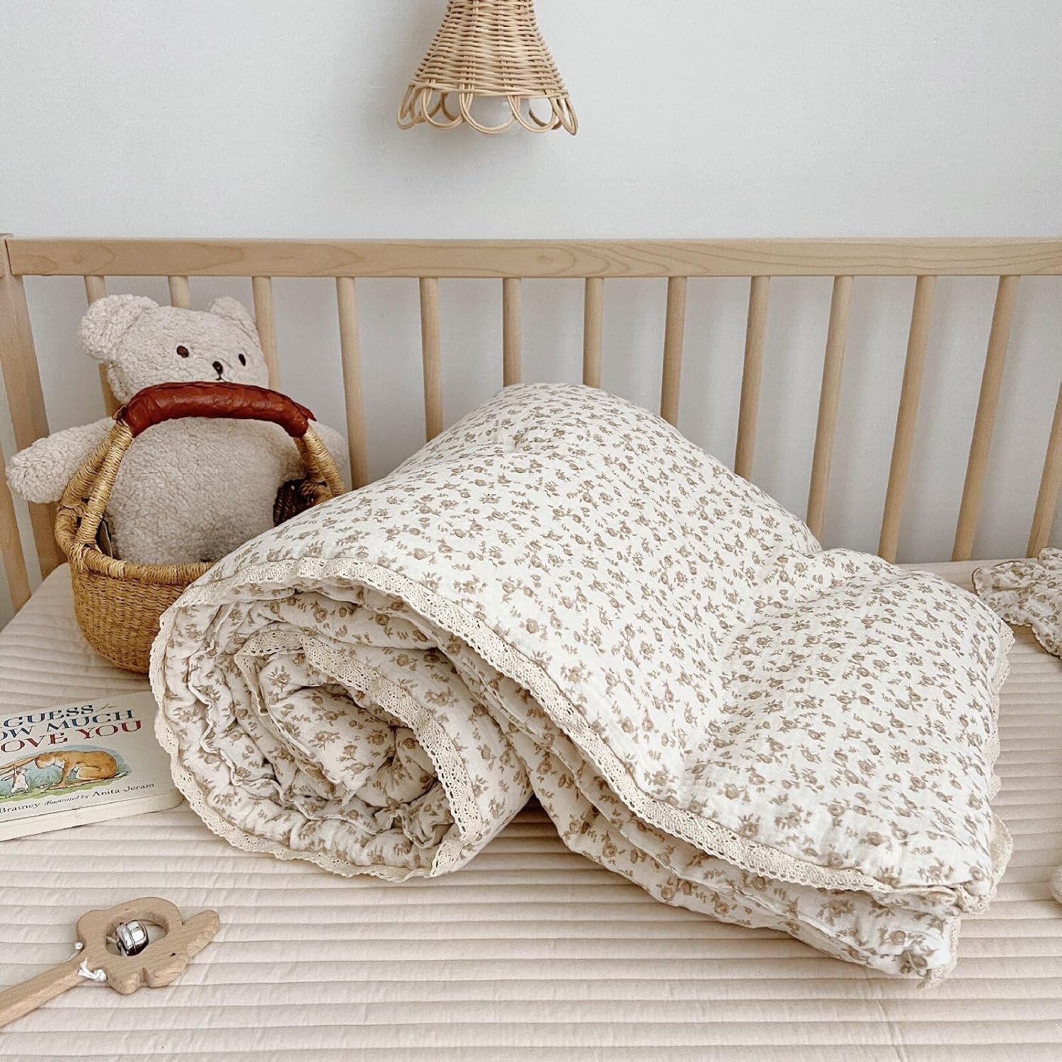 BuLuTu carmine flower muslin cotton toddler blanket front view showcasing camellia print