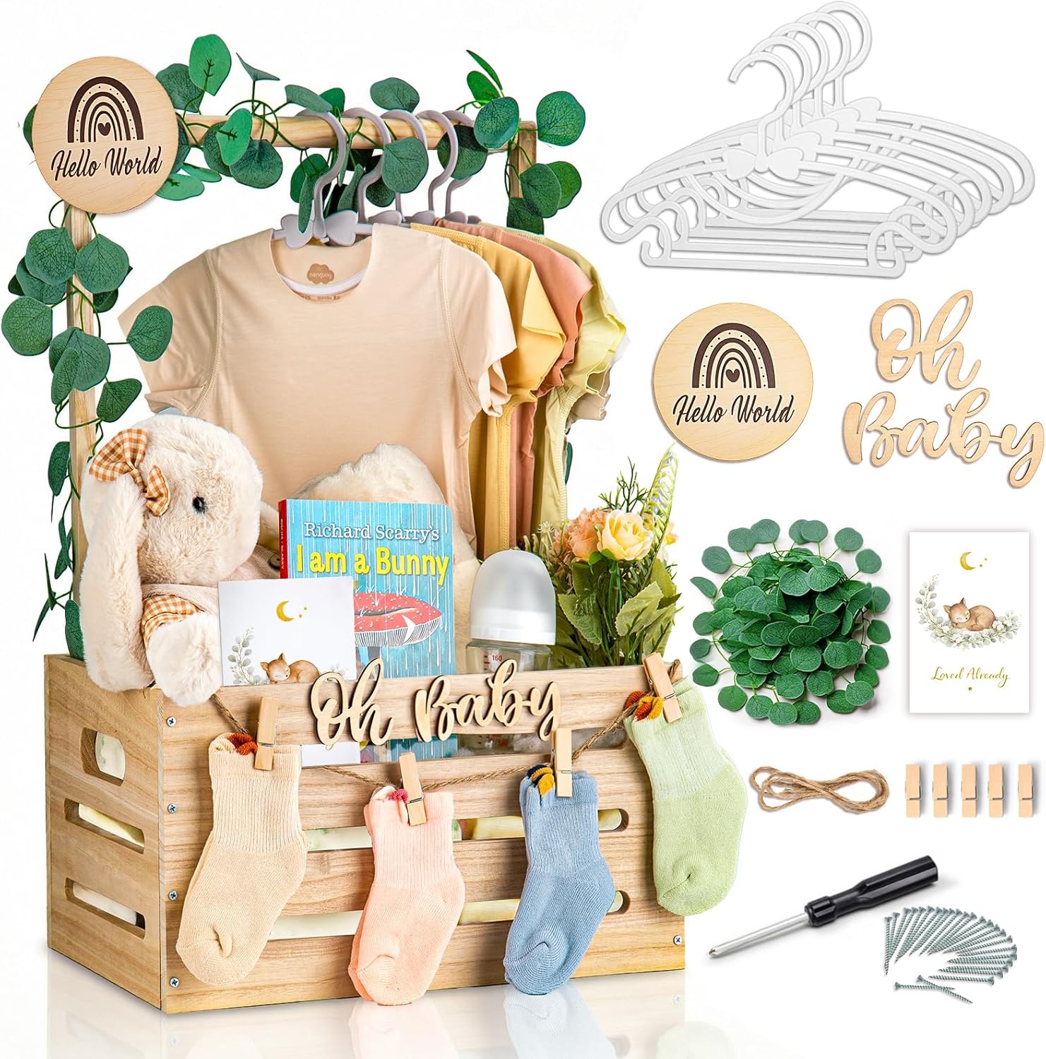 Giftacity wooden baby shower crate closet front view featuring a rustic wooden basket with clothing rod for newborn gift presentation.