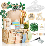 Giftacity wooden baby shower crate closet front view featuring a rustic wooden basket with clothing rod for newborn gift presentation.