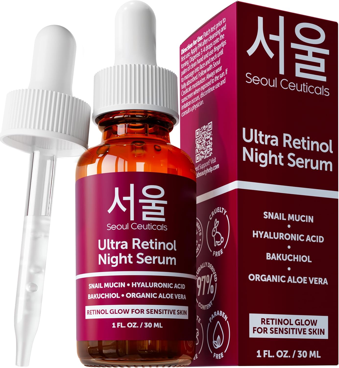 SeoulCeuticals 1 percent Korean Retinol Night Serum bottle front view for skin renewal
