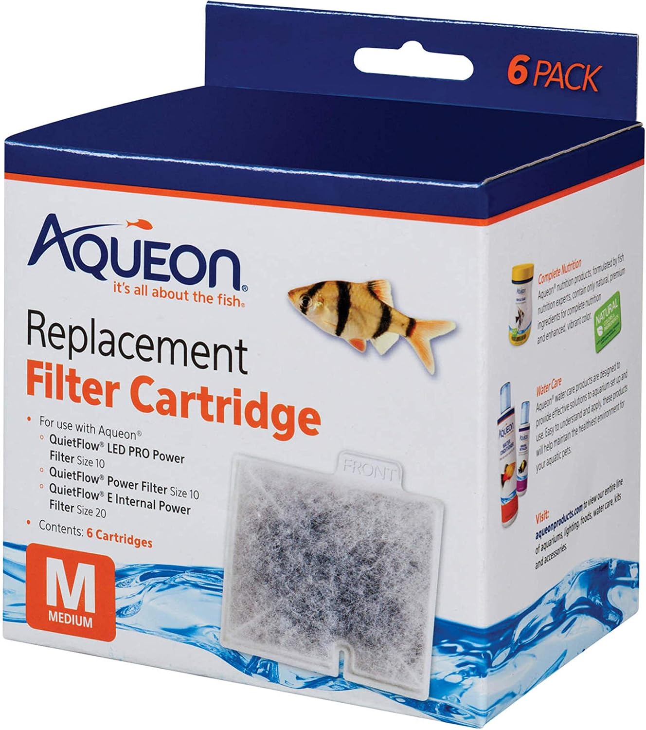 Aqueon Replacement Filter Cartridges Medium 6 Pack front view showcasing the aquarium water filtration packaging.