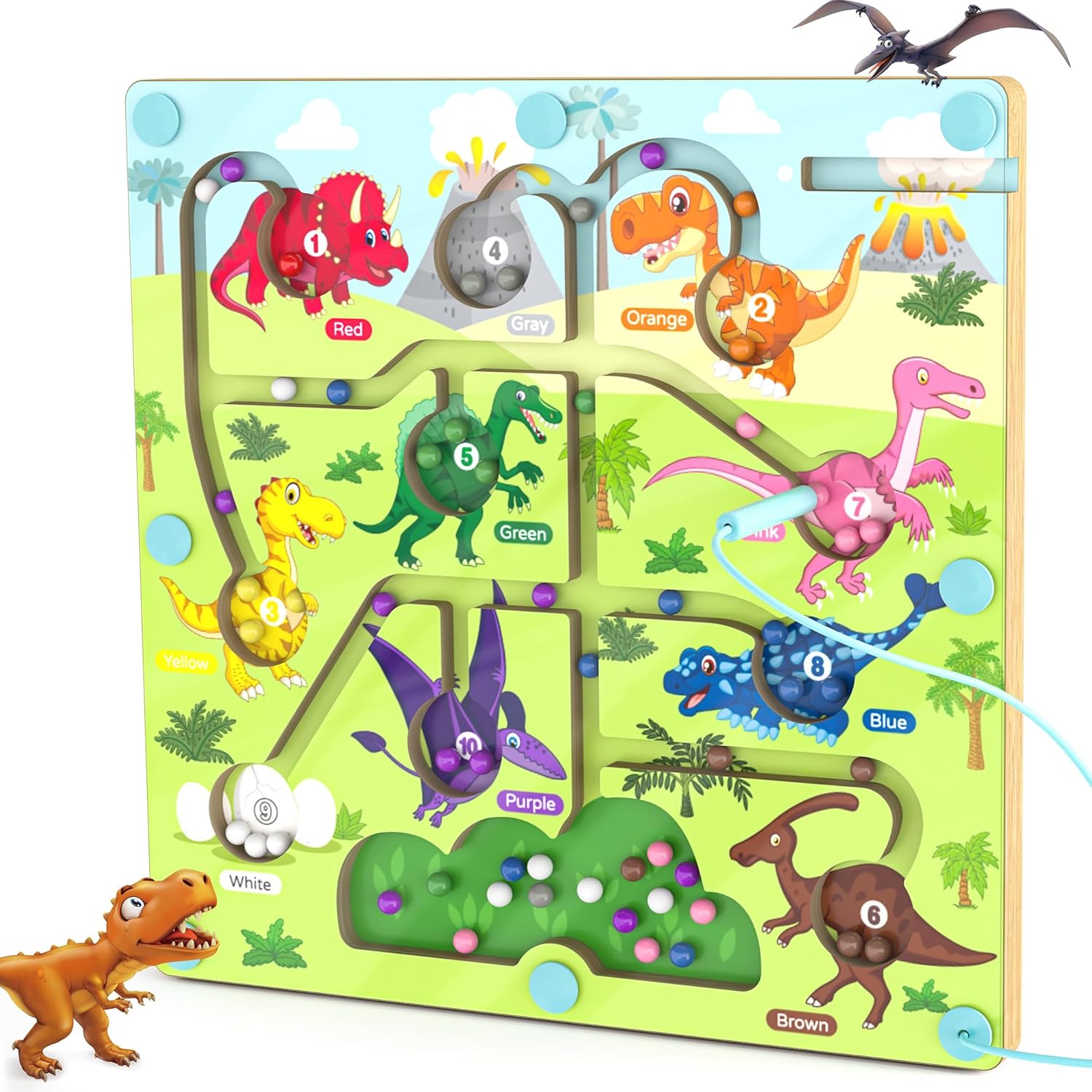 Airbition magnetic color and number maze toy front view showing the wooden dinosaur theme board