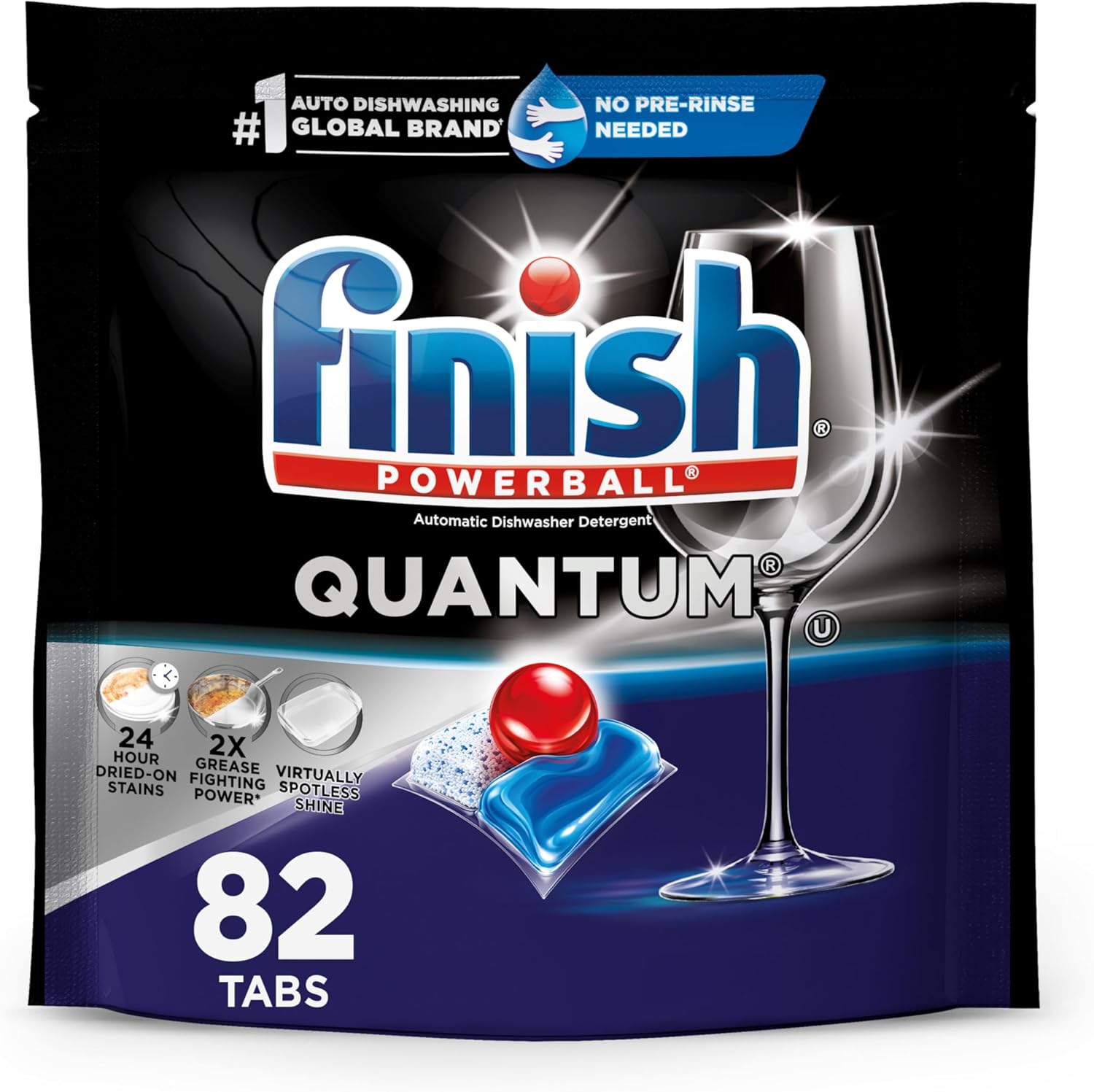 Finish Quantum 82 count dishwasher pods front packaging showing three-chamber technology.