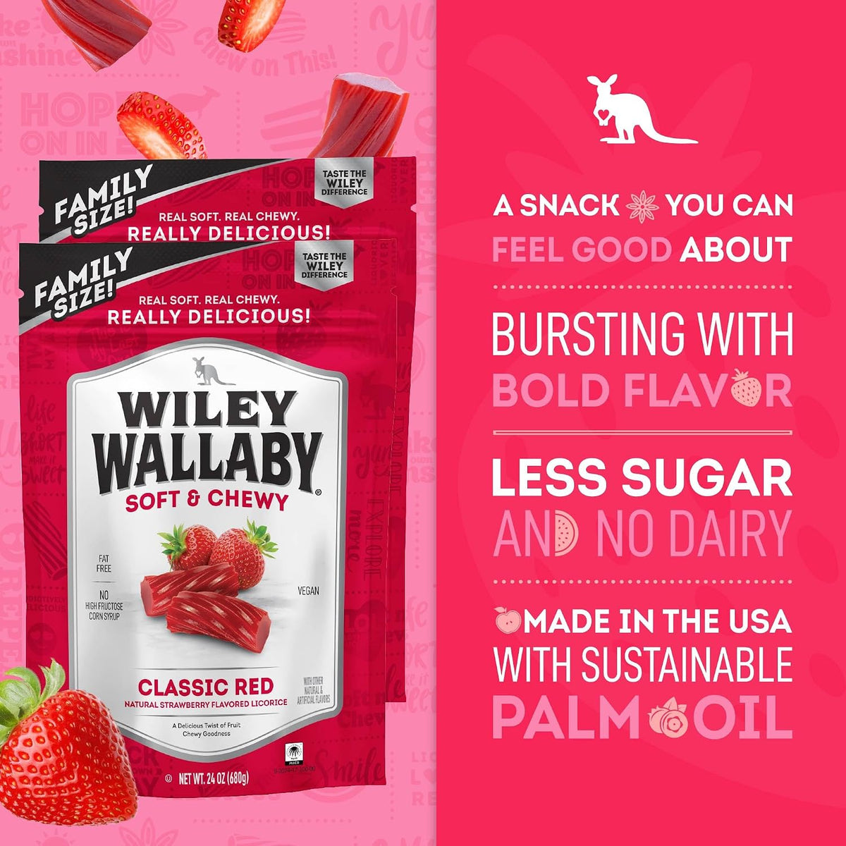 Back packaging of Wiley Wallaby red licorice detailing vegan and fat free nutritional information
