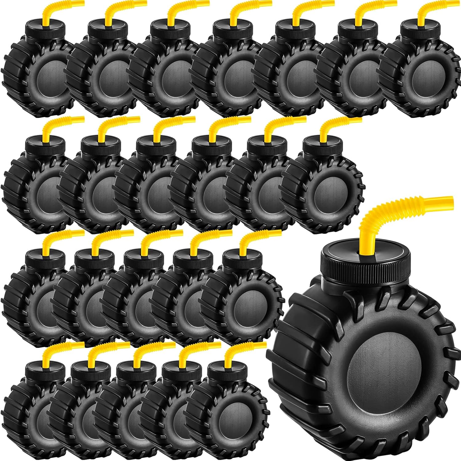 Amyhill construction truck cups front view of twenty four pack tire shaped plastic drinkware for birthday parties.