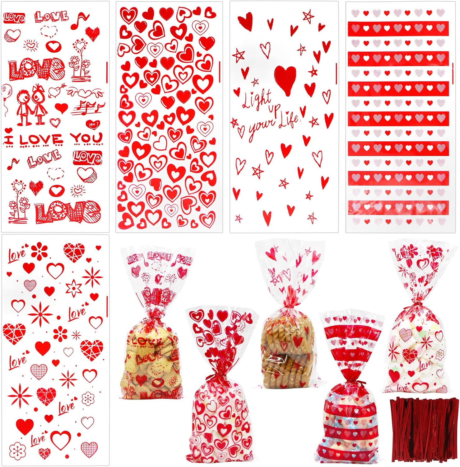 CH HAICHENG Valentines Cellophane Bags front view showing heart patterns and metallic twist ties