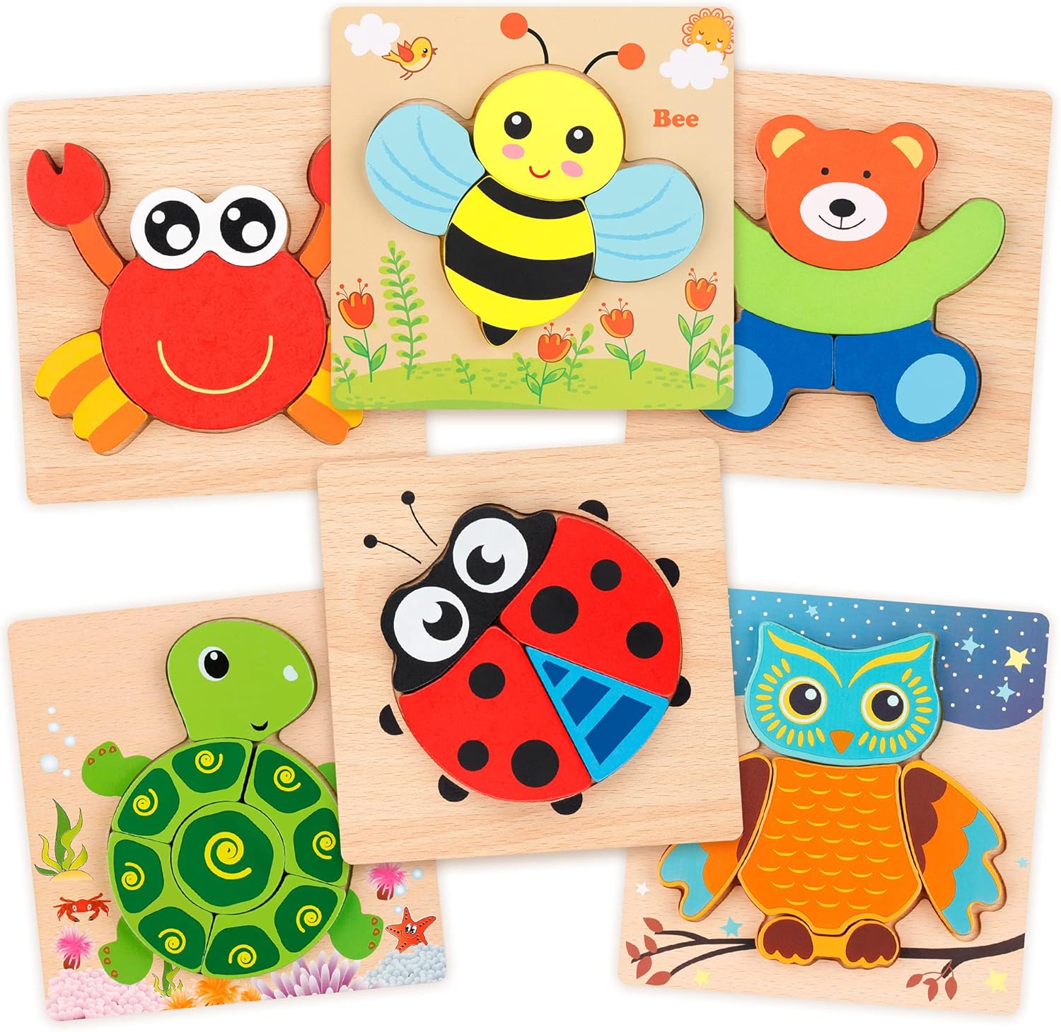 Coogam Wooden Jigsaw Puzzle Set front view of animal shapes Montessori toy.