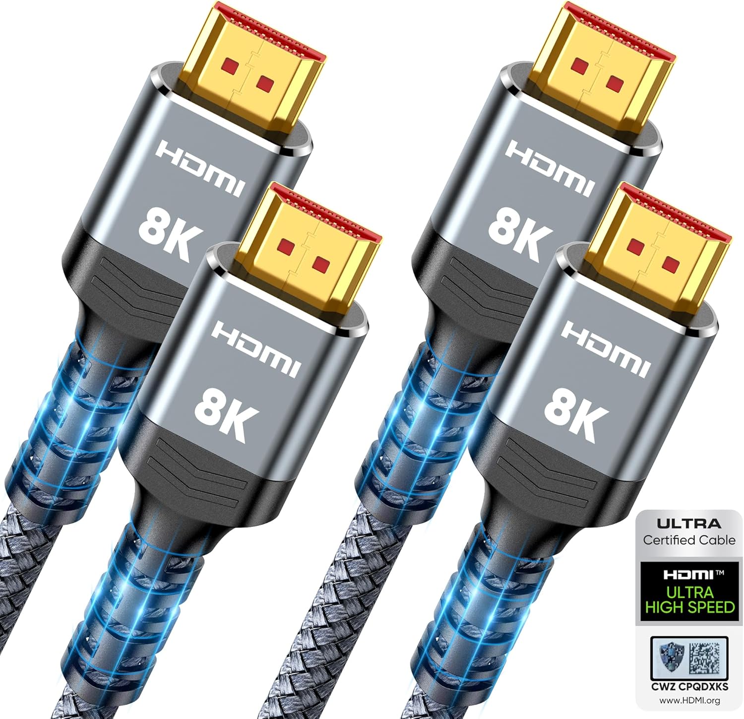 Highwings HDMI two point one cable two pack front view showcasing durable nylon braiding.