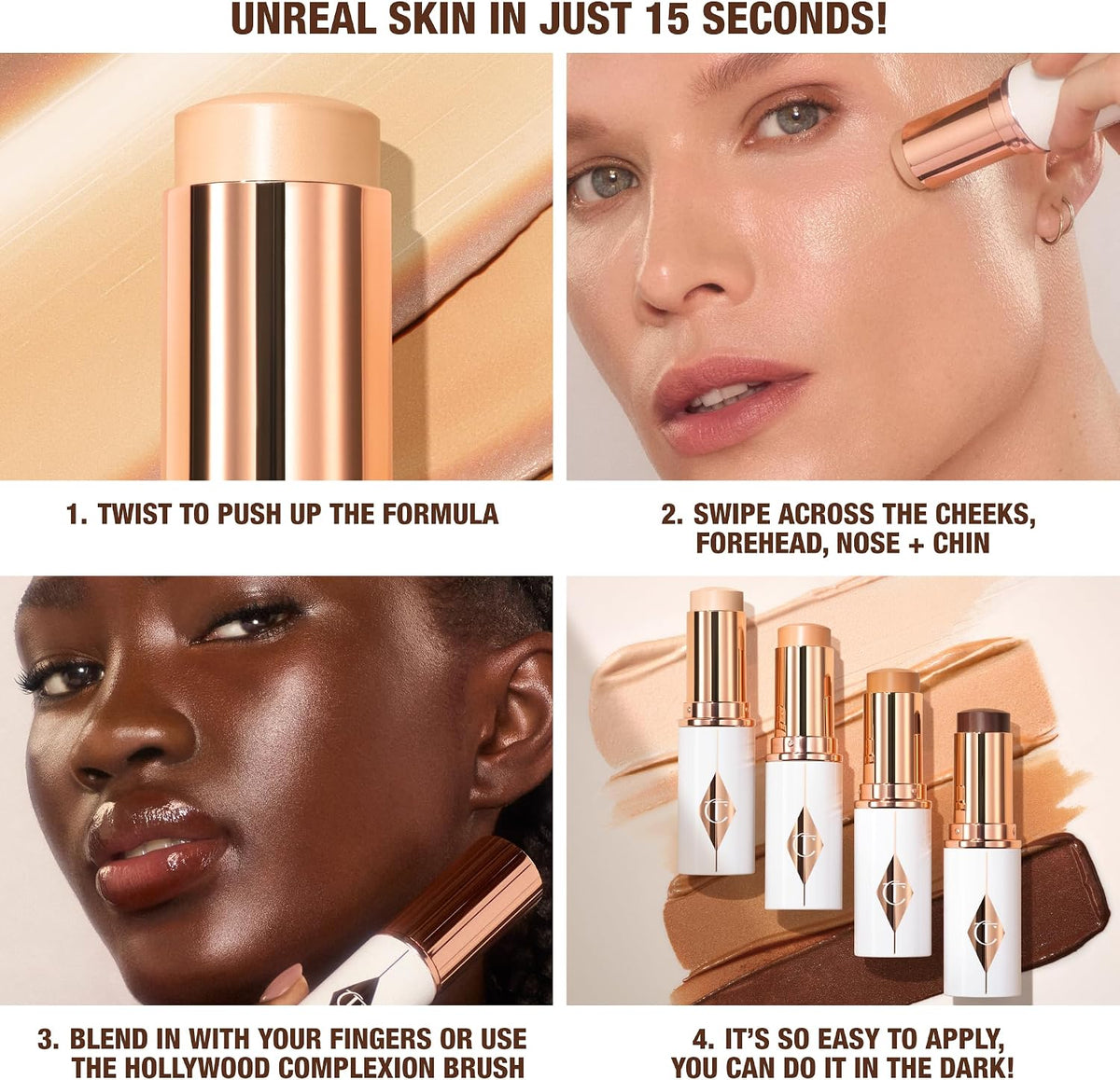Charlotte Tilbury Unreal Skin Sheer Glow Tint stick demonstrating application on the cheek for a radiant ring-light effect.