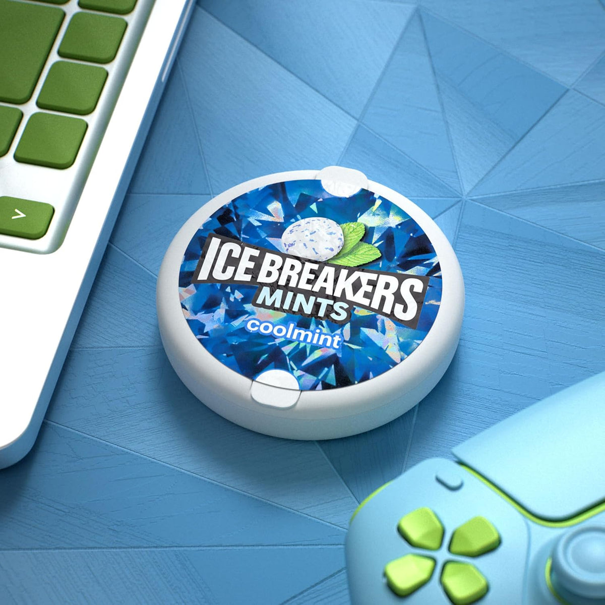 Ice Breakers Coolmint Sugar Free Breath Mints lifestyle shot depicting the compact container fitting easily inside a pocket.