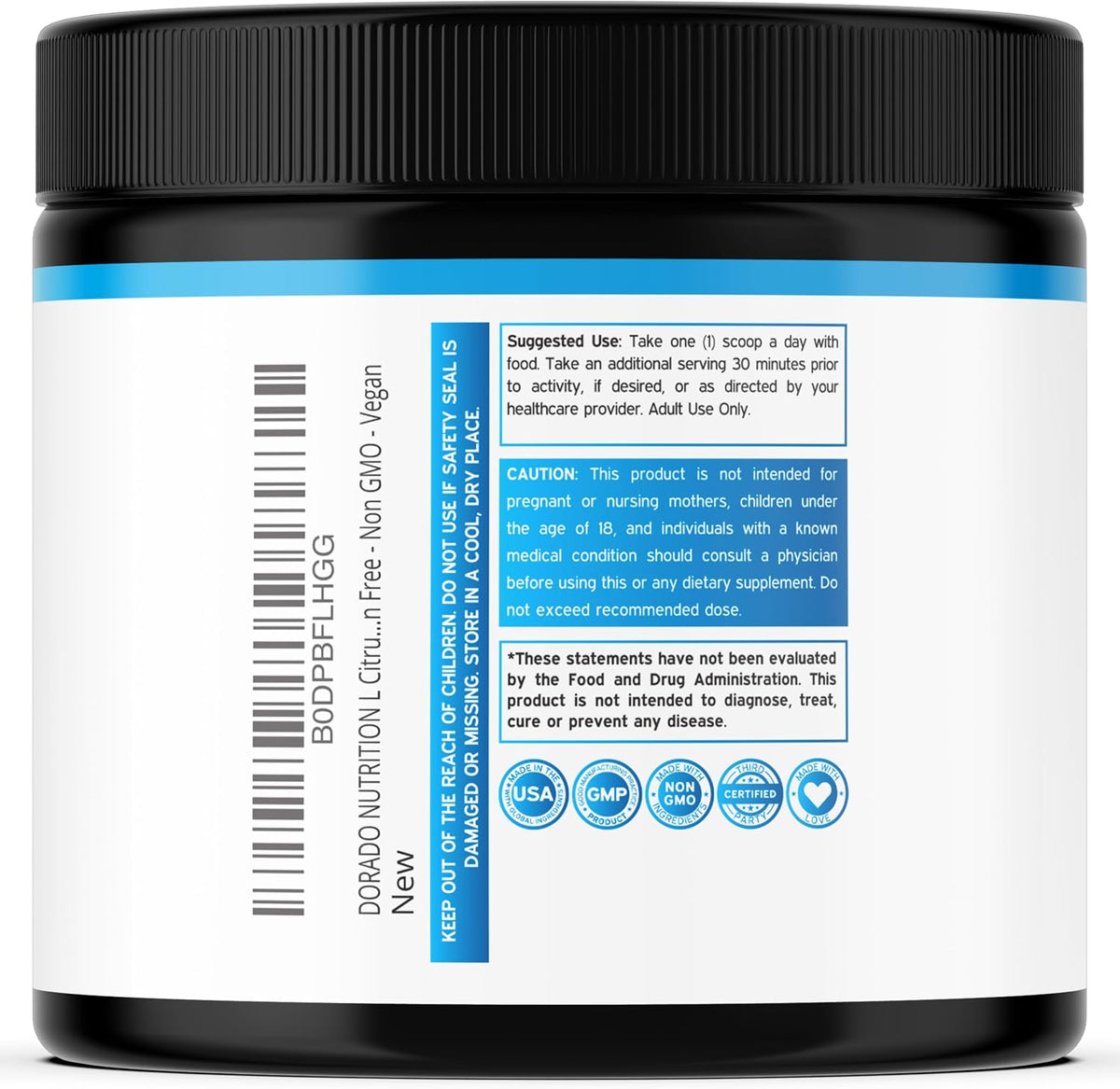 Nutrition facts label on Dorado Nutrition L-Citrulline bottle