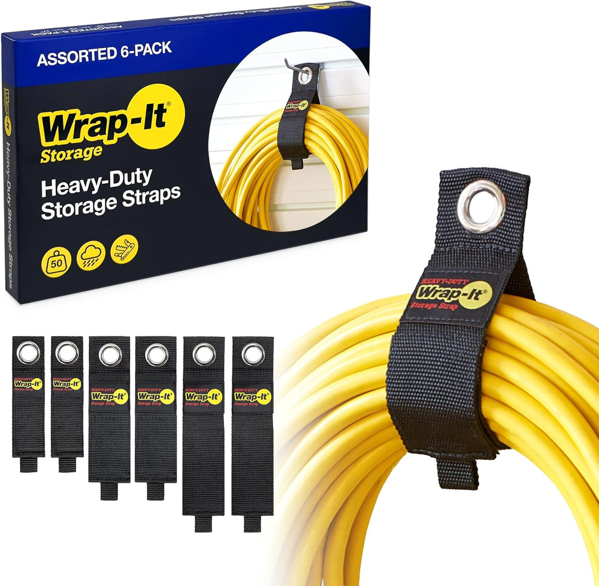 Wrap-It Storage Heavy-Duty Storage Straps assorted six pack front view showcasing durable black hook and loop organizing bands for garage cable management.