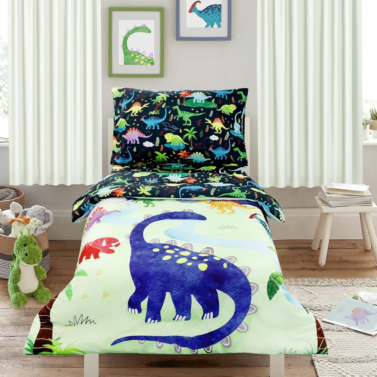 DAYEEBALL cartoon dinosaur toddler bedding set front view showcasing the fully styled bed