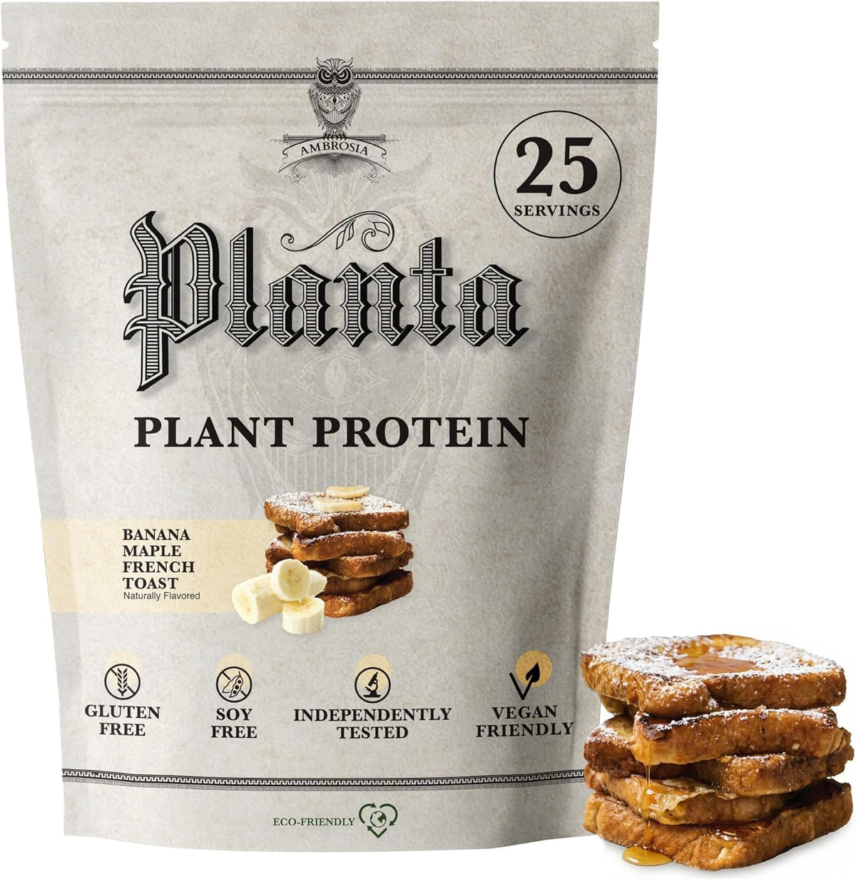 Ambrosia Planta Plant-Based Protein Powder front view for vegan muscle recovery.