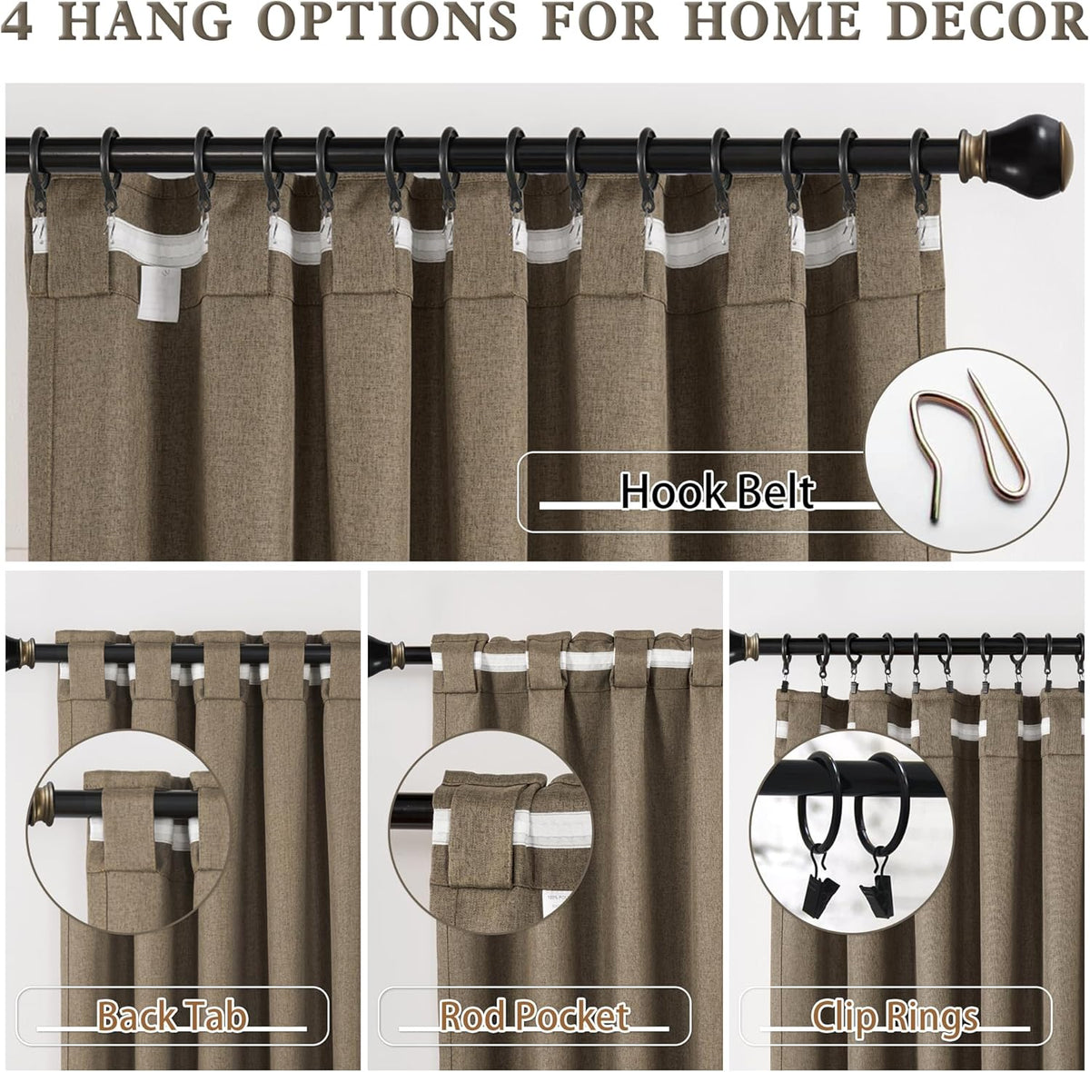 Dualife thermal insulated curtains showing the back tab and rod pocket hanging header