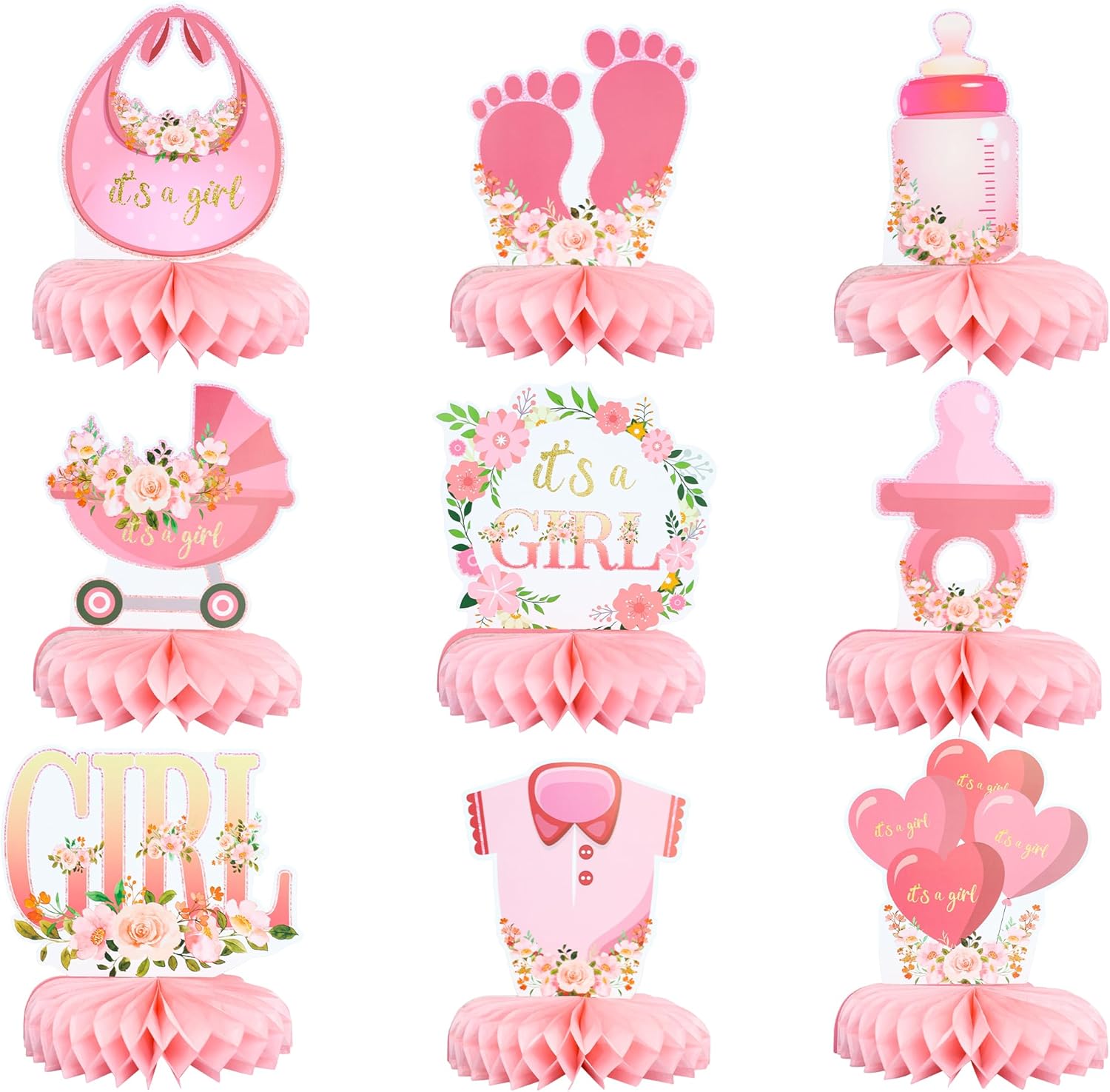 Gyufise 9 pieces pink baby shower honeycomb centerpieces set front view