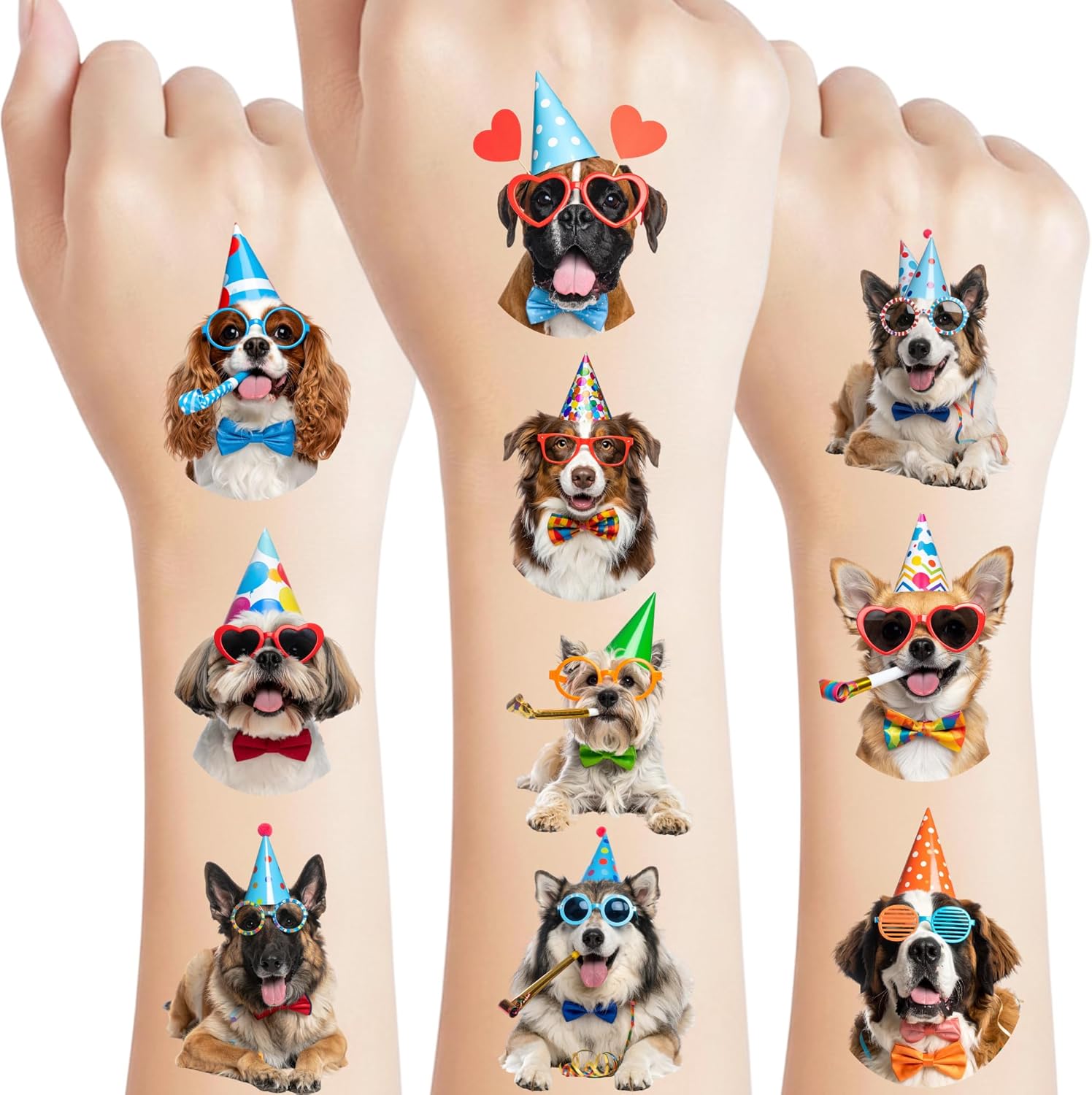 Backtopeia dog temporary tattoos front view showing four sheets of pre-cut puppy stickers.