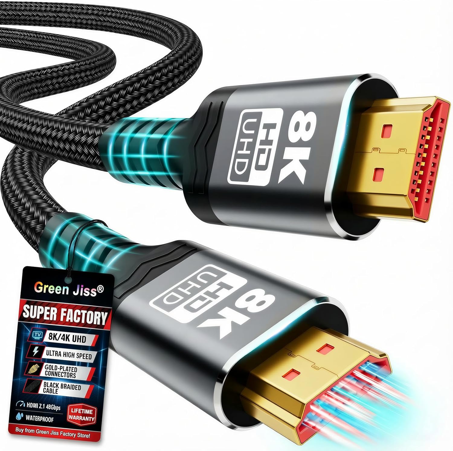 Green Jiss 3rd Gen 8K HDMI 2.1 Cable front view displaying gold-plated connector pins.