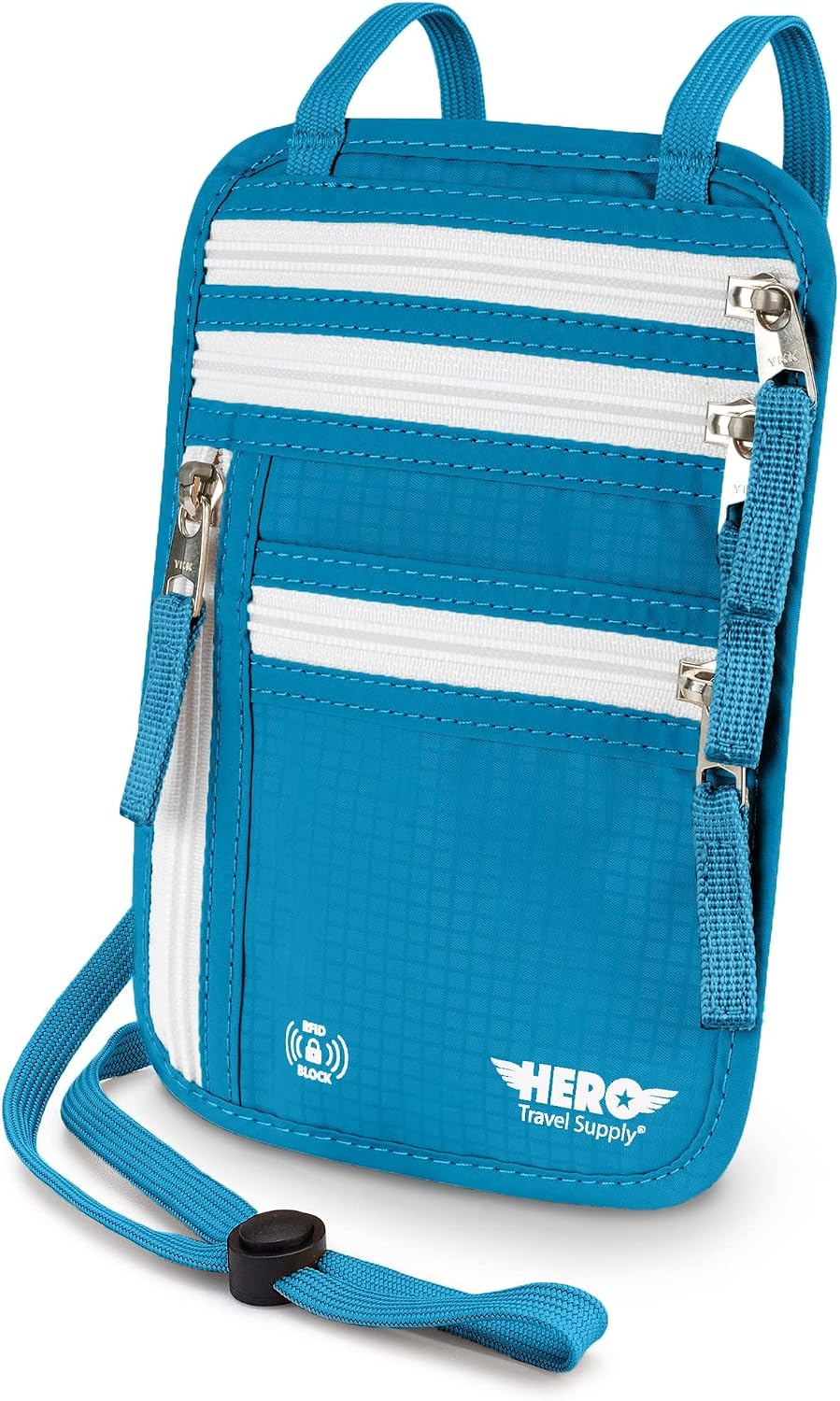 Hero Travel Supply neck wallet front view in aqua