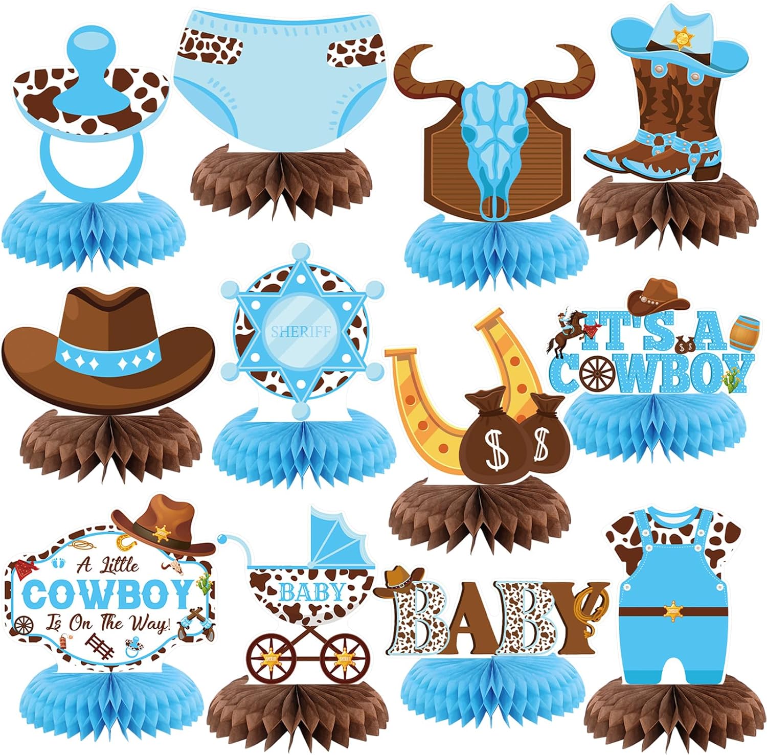 C L Cooper Life Cowboy Baby Shower decorations front view of assembled centerpiece.