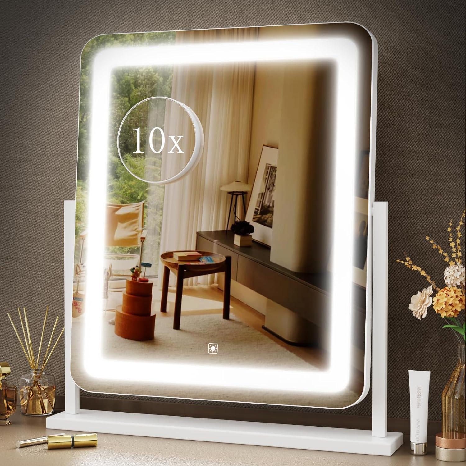Vanity Mirror with Lights, 17.3’’ LED Makeup Mirror Detachable 10X Magnification, Smart Touch Control, 3 Color Lighting Modes,360°Rotation Tabletop Make Up Mirror for Bedroom Bathroom - Image 1