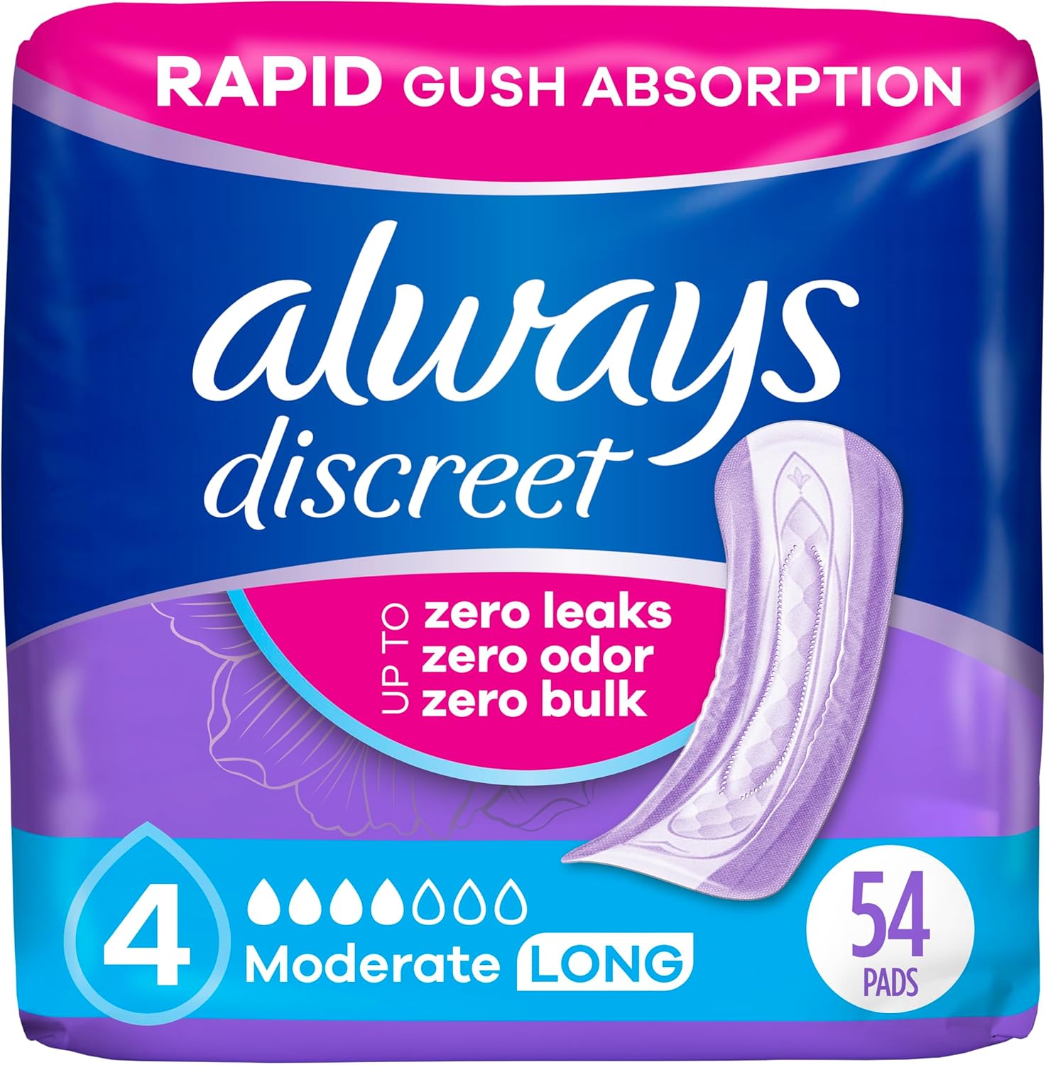 Always Discreet adult incontinence pads for women moderate absorbency front packaging view
