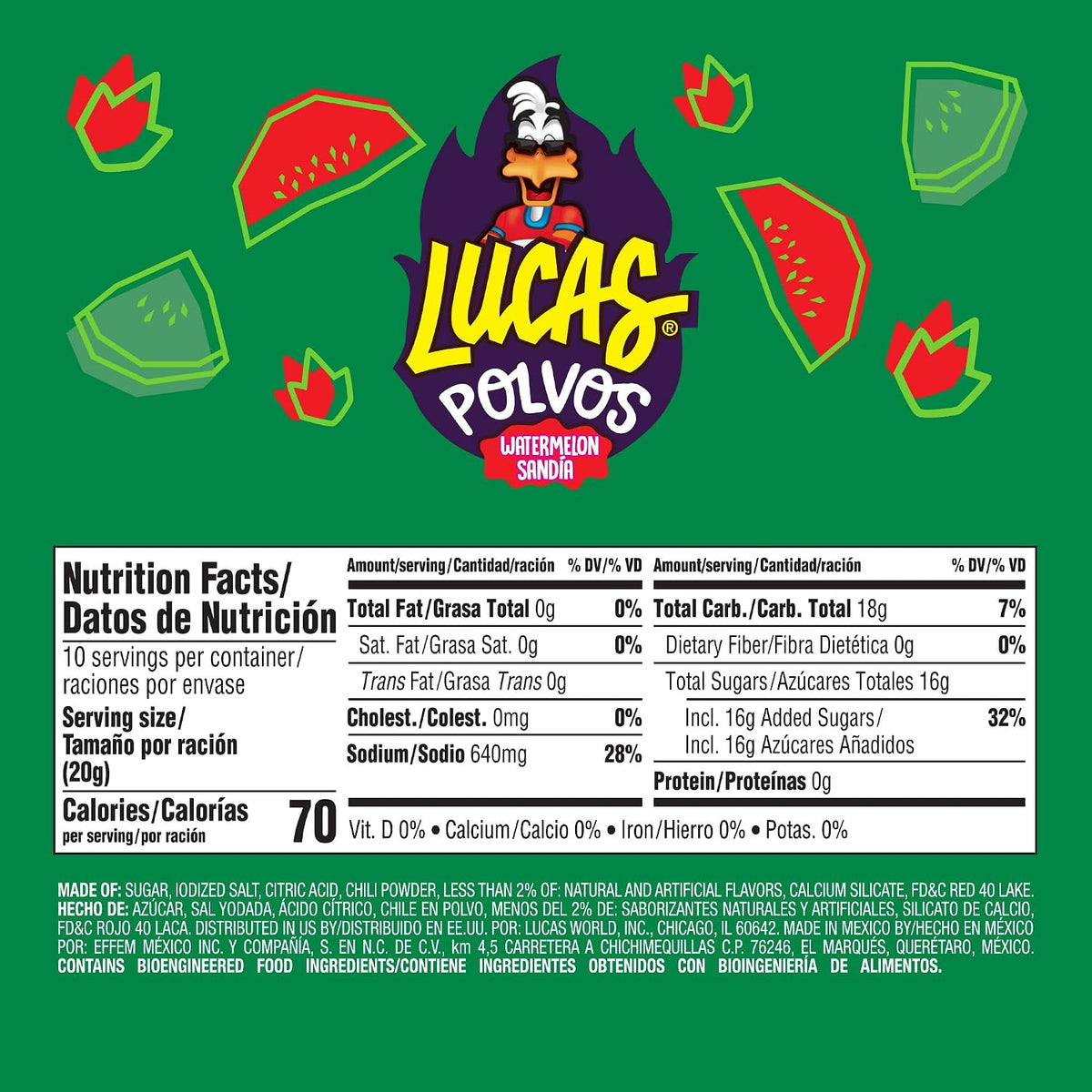 Lucas Powder Watermelon Flavored Candy, 0.71oz - 10 Pieces Pack for Treats, Fruit, Parties, Piatas - Image 2