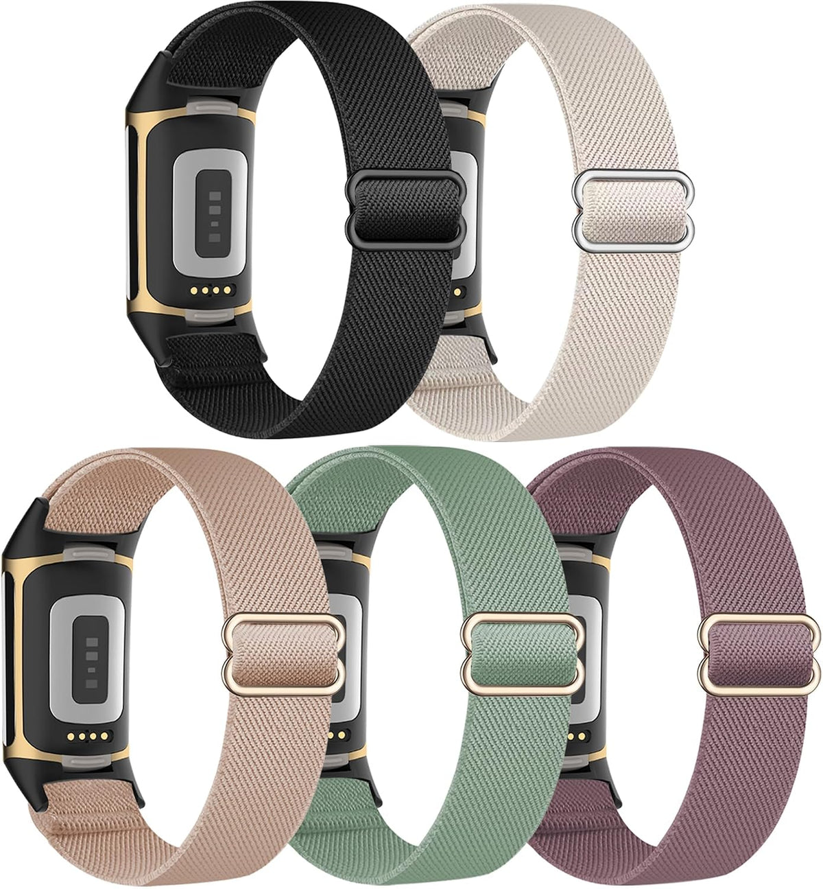 Folavii 5 pack stretchy nylon replacement bands front view for Fitbit Charge 5 and 6
