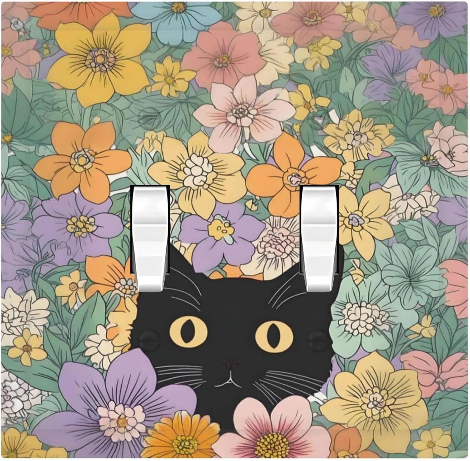 Donecmminery cartoon cat floral decorative 2 gang toggle switch plate front view